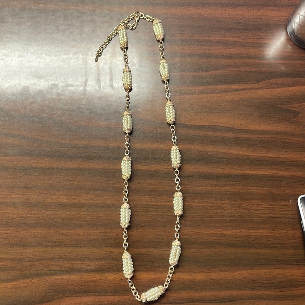 GPK long faux pearl gold and rhinestone necklace